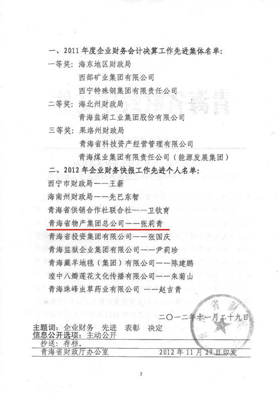 物產(chǎn)集團榮獲2011年度財務決算先進單位、2012年度財務快報工作先進個人表彰